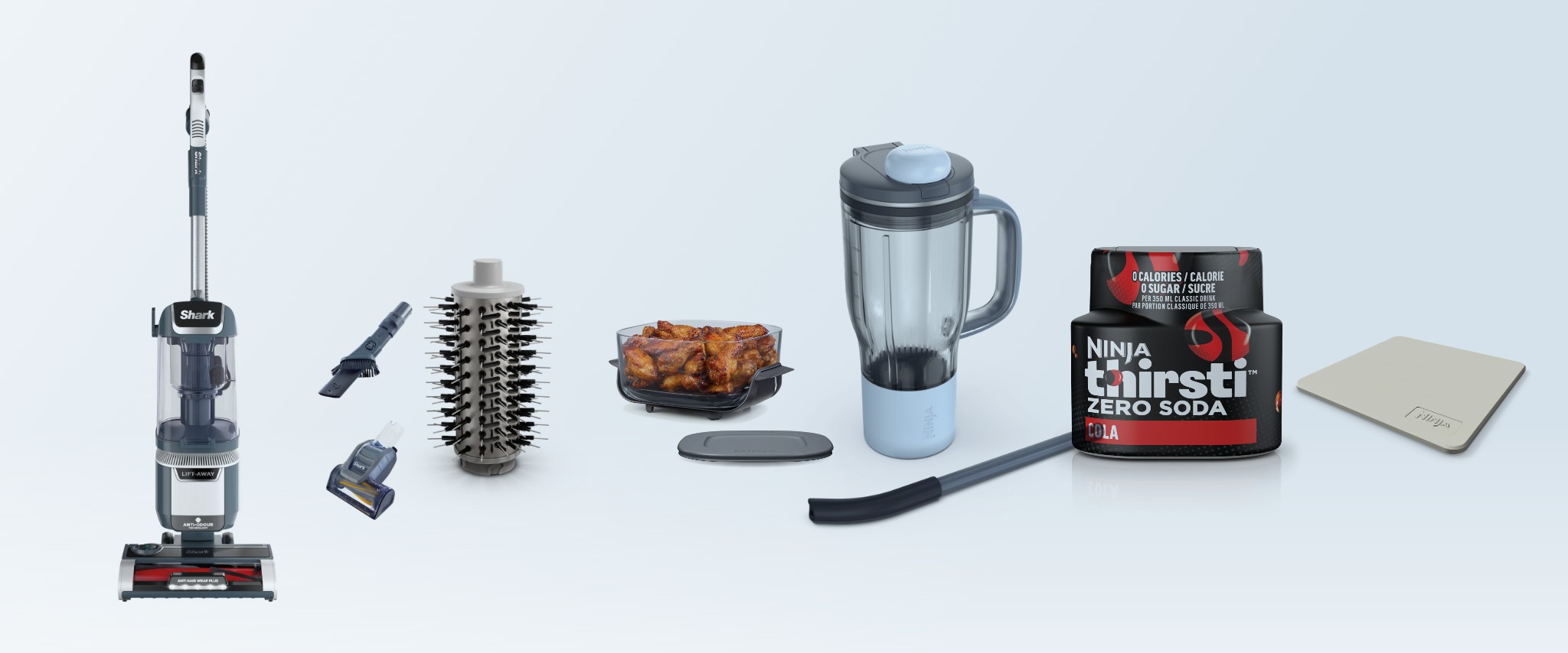 Shark and Ninja vacuum, styling brush, air fryer container, blender tumbler, drink drops and pizza stone